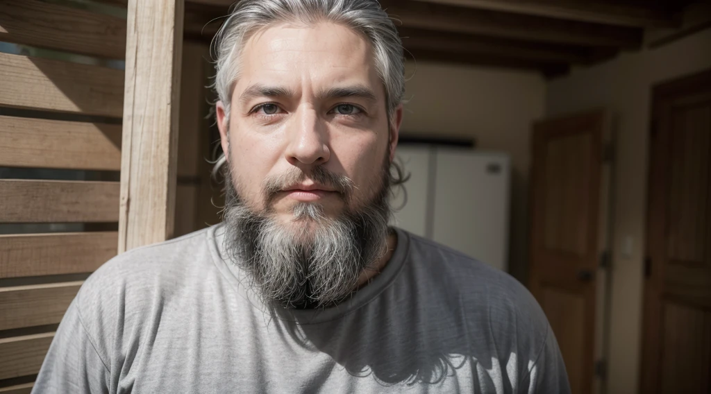 bushy man with beard, black long-sleeved t-shirt, gray hair and beard, 53 years old man with dark gray hair, some gray hair in his beard, short white beard, gray beard, silver hair and beard, he has a beard and a man of middle age 53 years old, several different poses and clothes and the same face, he is alone in the realistic photo, with light clothes, t-shirt