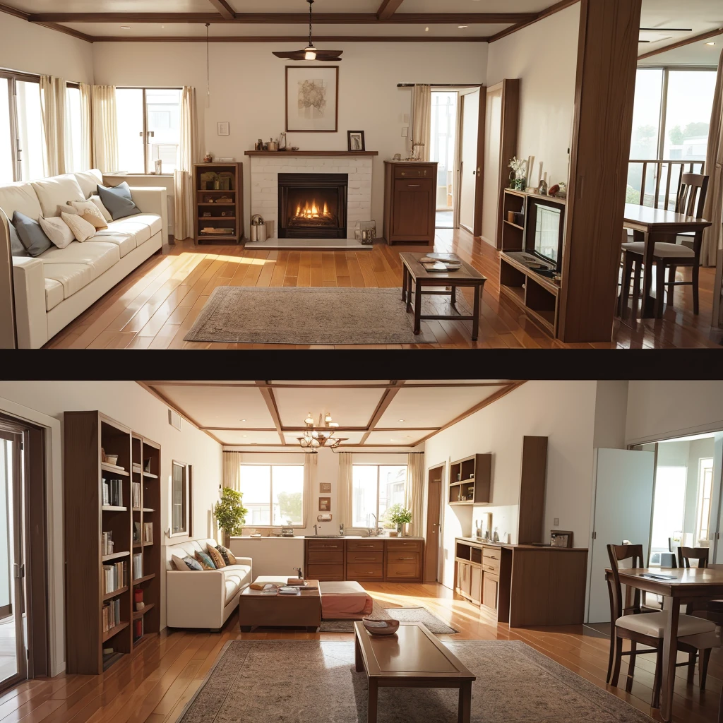 Plan Project of a house with 3 bedrooms and 2 bathrooms, one of which is located in one of the bedrooms, living room and kitchen with fireplace