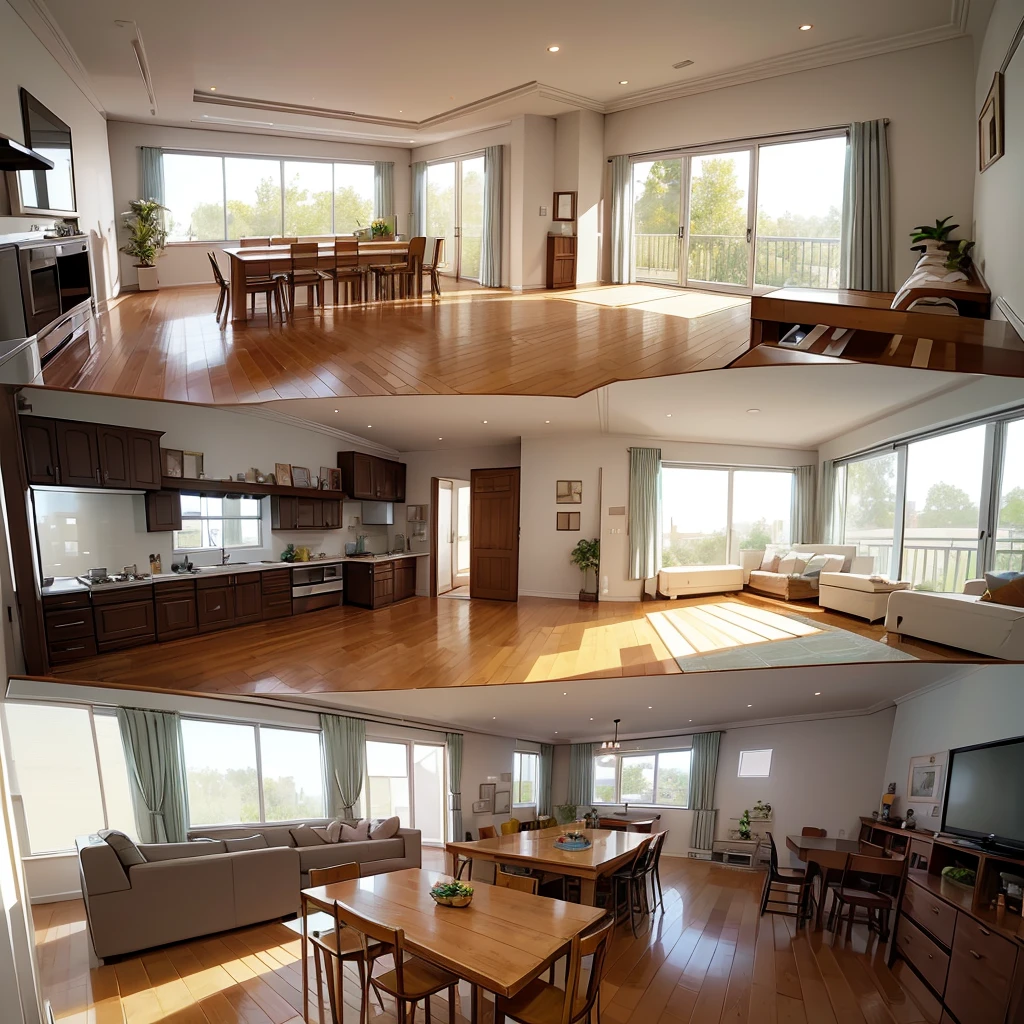 Plan Project of a house with 3 bedrooms and 2 bathrooms, one of which is located in one of the bedrooms, living room and kitchen with fireplace
