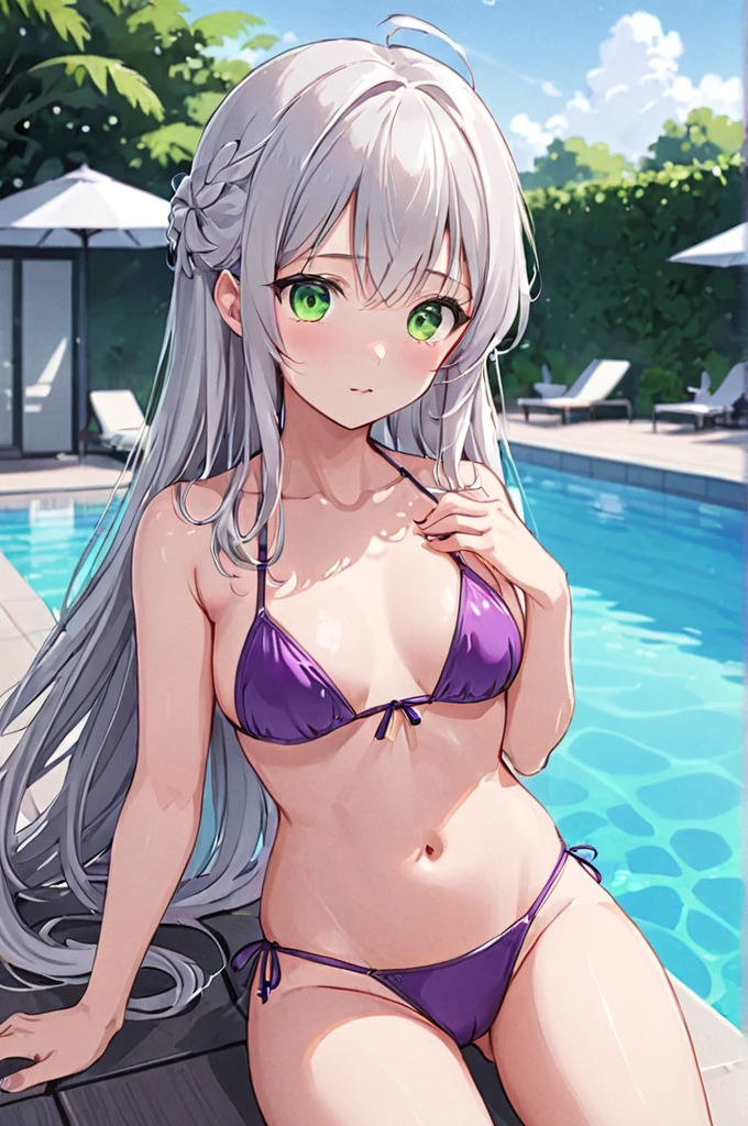 anime, cute girl, long silver hair, lounging by the pool, green eyes, sexy purple bikini