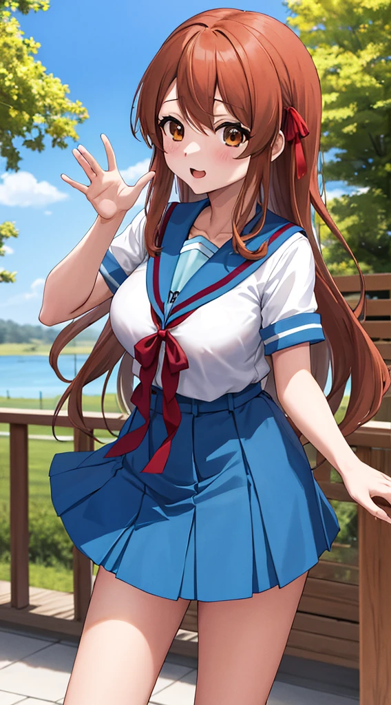 碧い縞々パンティ、碧い縞々ブラジャーmikuru1, 1girl, asahina mikuru, long hair, kita high , solo, blue sailor collar, sailor collar, serafuku, blue skirt, skirt, short sleeves, red ribbon, large breasts, cowboy shot, waving, outdoors, leaning forward,