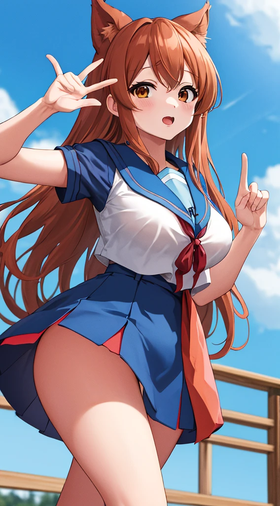 碧い縞々パンティ、碧い縞々ブラジャーmikuru1, 1girl, asahina mikuru, long hair, kita high , solo, blue sailor collar, sailor collar, serafuku, blue skirt, skirt, short sleeves, red ribbon, large , cowboy shot, waving, outdoors, leaning forward,
