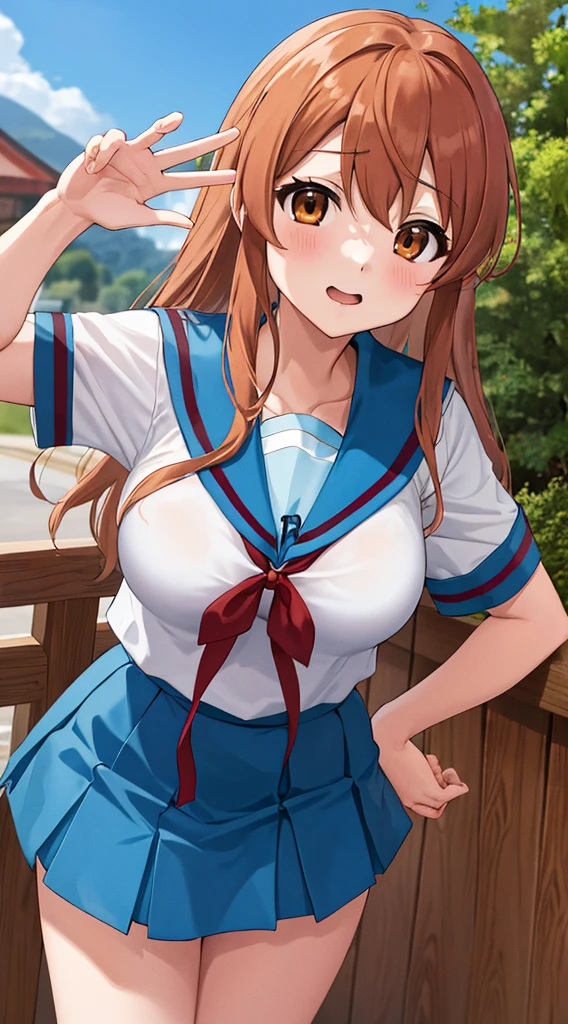 碧い縞々パンティ、碧い縞々ブラジャーmikuru1, 1girl, asahina mikuru, long hair, kita high , solo, blue sailor collar, sailor collar, serafuku, blue skirt, skirt, short sleeves, red ribbon, large breasts, cowboy shot, waving, outdoors, leaning forward,