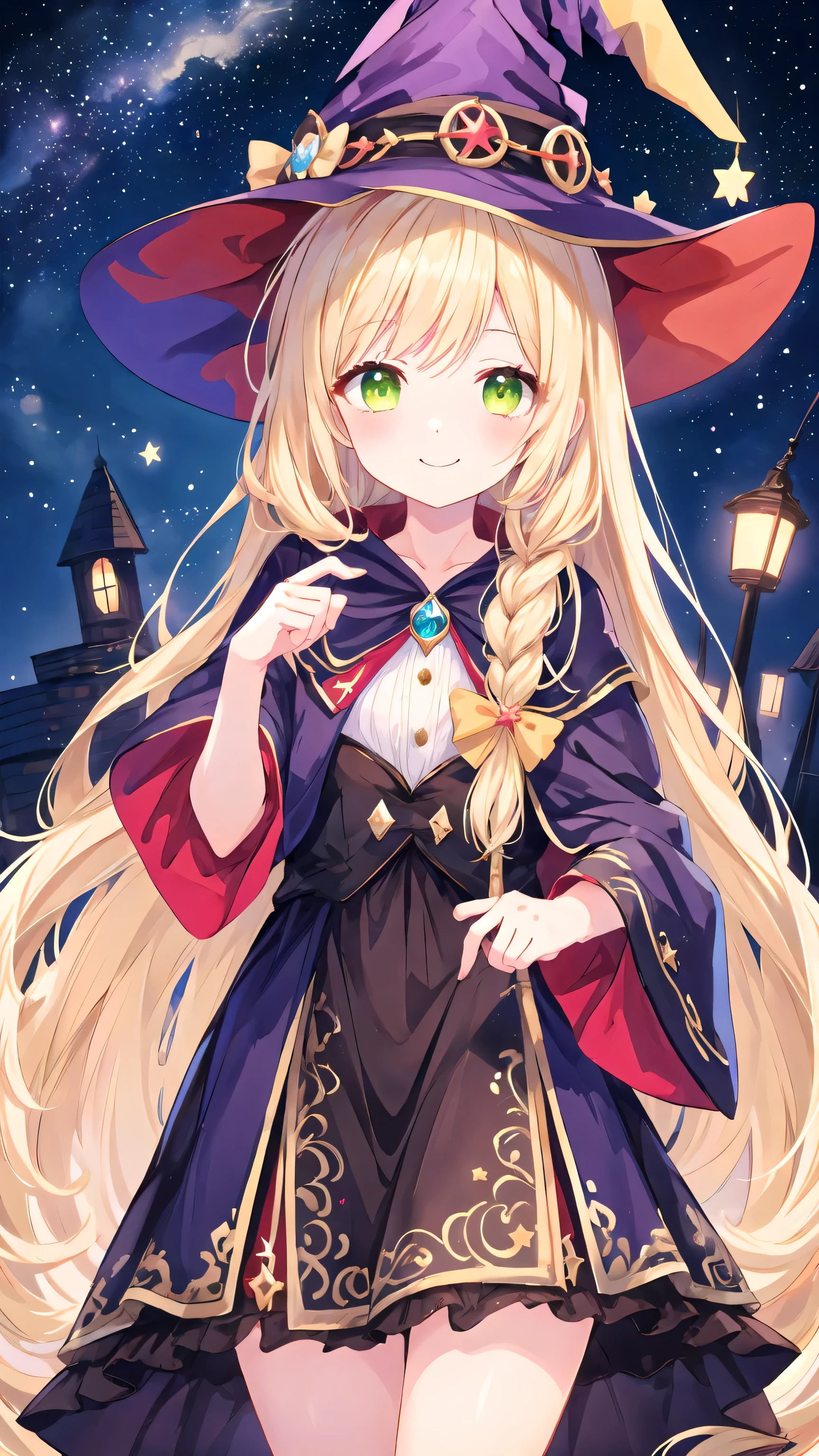 masterpiece, Highest quality, Very detailed, shape, Starry Sky，cute, girl, alone, smile,  witch Hat，mysterious，beige hair，Yellow-green eyes，Super Long Hair，Braided bangs，witch&#39;Clothes，Lolita Fashion，Simple Background，Witch&#39;s clothes decorated with stars，Wizard，beautiful girl，Star and moon motif，Navy Blue Clothes