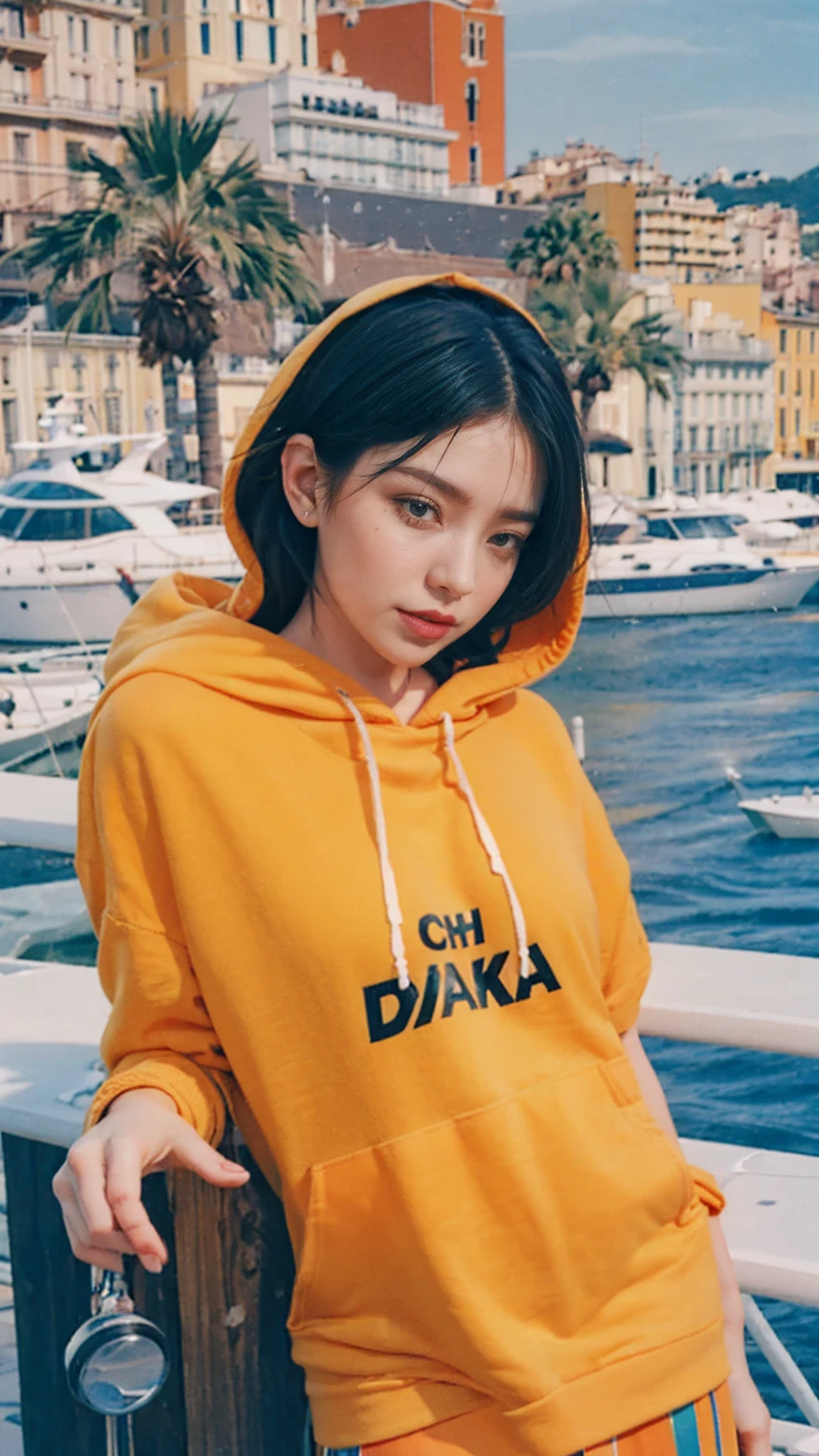 ((long shot photography)) ((best quality)), ((masterpiece)), (detailed),upper body,close-up, 8k, RAW photo,1 girl,smilie,real polaroid photo, beautiful, ultra-realistic,detail face ,light leak,dark intens shadow ,(black pixie hairstyles), almond eye, no makeup, (((blank oversized orange hoodie))), (purple color skirt),the scene takes in front on a balcony overlooking the luxurious harbor of Monte Carlo with yachts docked against a backdrop of the iconic Casino de Monte-Carlo, (very detailed:1.1),(from below:1.2), (realistic:1.1), (surreal:1.2),palm trees,sunny,summer, blue sky