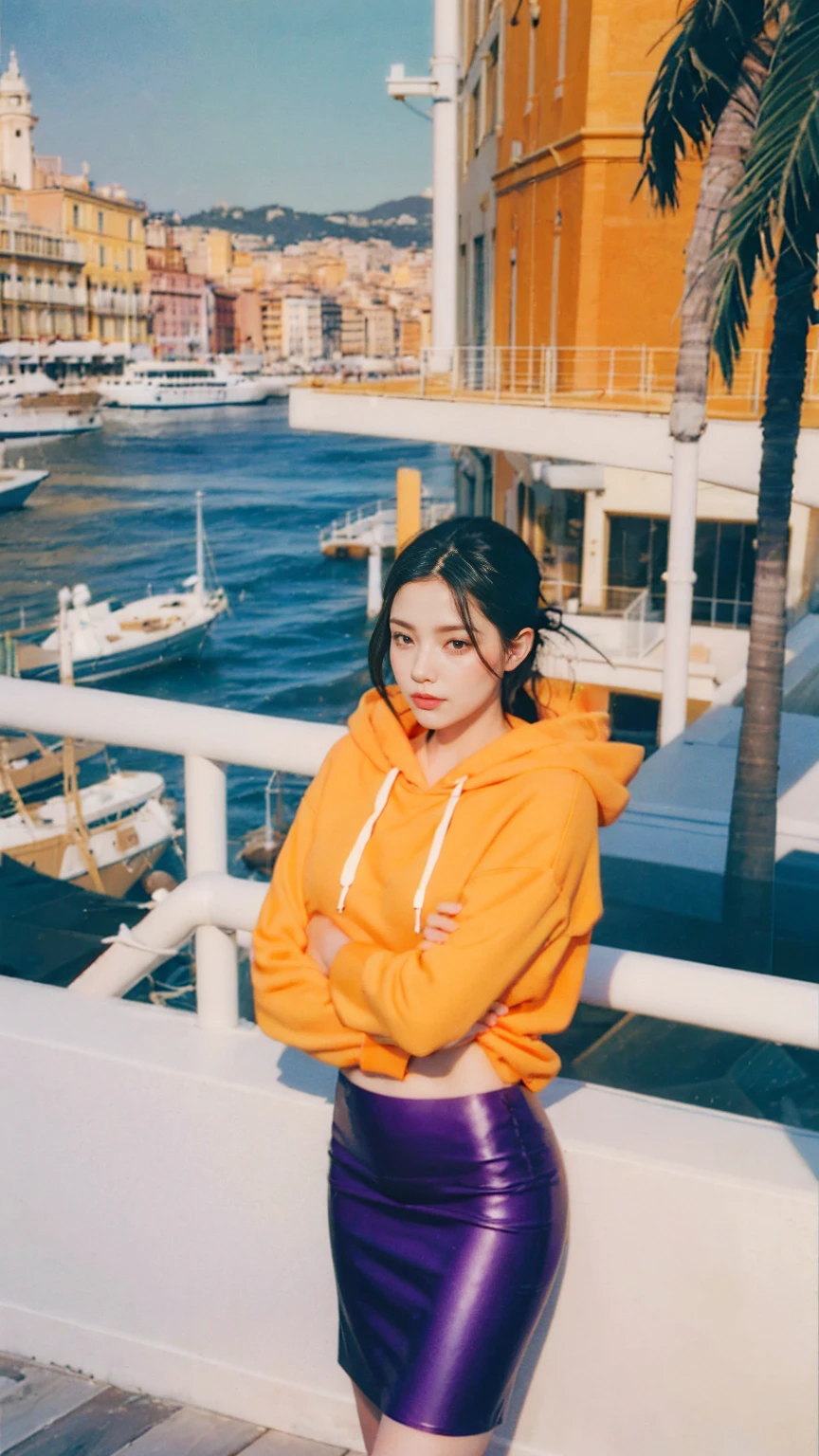 ((long shot photography)) ((best quality)), ((masterpiece)), (detailed),upper body,close-up, 8k, RAW photo,1 girl,smilie,real polaroid photo, beautiful, ultra-realistic,detail face ,light leak,dark intens shadow ,(black pixie hairstyles), almond eye, no makeup, (((blank oversized orange hoodie))), (purple color skirt),the scene takes in front on a balcony overlooking the luxurious harbor of Monte Carlo with yachts docked against a backdrop of the iconic Casino de Monte-Carlo, (very detailed:1.1),(from below:1.2), (realistic:1.1), (surreal:1.2),palm trees,sunny,summer, blue sky