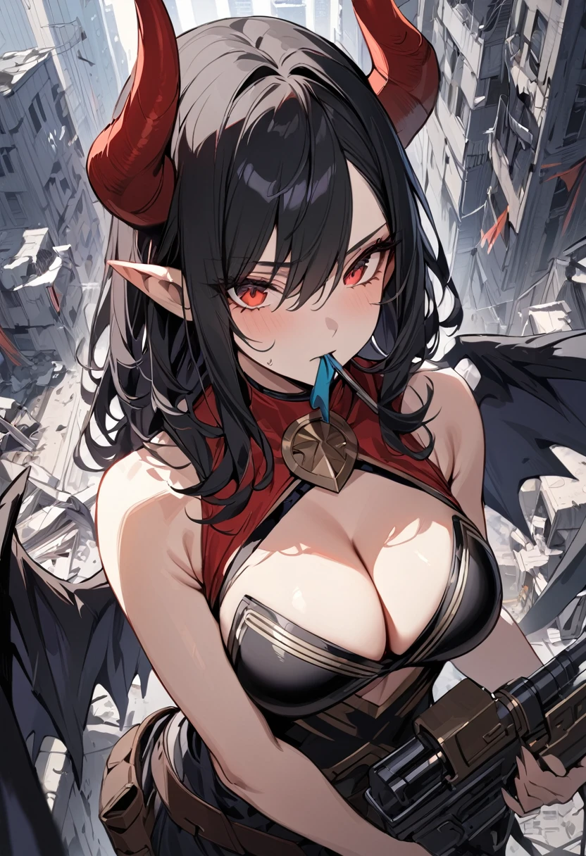 Masterpiece, best quality, 1girl, female Hellboy, pointy ears, horns, cigarre in side of mouth,  busty, small waist, large hips, cleavage, black hair, dark wings, armor, upper body, from above, holding a mini gun, arrogant look, in a destroyed city