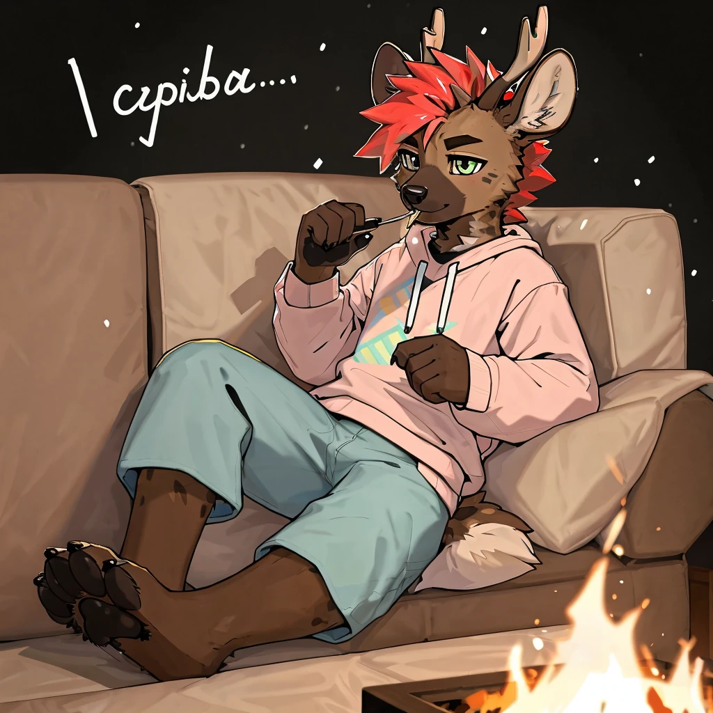 score_9, score_8_up, score_7_up, score_6_up, score_5_up, score_4_up, BREAK (sfw), One anthro, furry, half hyena half deer, (mix deer and hyena), deer antlers, dark hyena spots, white fawn spots, light brown fur, deer ears, hyena face, hyena paws, paw feet, cute paw feet, deer tail, cute deer tail, small tail, one red eye one green eye, different color eyes, heterochromia, bright red hair, neon hair, dyed hair, mullet hairstyle, twink, femboy, femboy jock, thin body, slim body, thick thighs, big round ass, (solo), cute, wearing a cropped sweatshirt, hands in pokets, and pijama pants, laying on a sofa close to the fire place, cozy, comfy, cozy atmosphere, winter, snow outside, eating smores, pink yellow white gray and black background colorscheme, baby blue light pink and yellow clothes color scheme, pastel colors, pastel color scheme, soft lighting, winter holidays, 