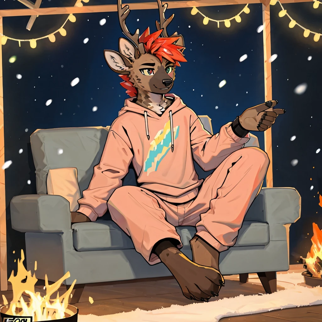 score_9, score_8_up, score_7_up, score_6_up, score_5_up, score_4_up, BREAK (sfw), One anthro, furry, half hyena half deer, (mix deer and hyena), deer antlers, dark hyena spots, white fawn spots, light brown fur, deer ears, hyena face, hyena paws, paw feet, cute paw feet, deer tail, cute deer tail, small tail, one red eye one green eye, different color eyes, heterochromia, bright red hair, neon hair, dyed hair, mullet hairstyle, twink, femboy, femboy jock, thin body, slim body, thick thighs, big round ass, (solo), cute, wearing a cropped sweatshirt, hands in pokets, and pijama pants, laying on a sofa close to the fire place, cozy, comfy, cozy atmosphere, winter, snow outside, eating smores, pink yellow white gray and black background colorscheme, baby blue light pink and yellow clothes color scheme, pastel colors, pastel color scheme, soft lighting, winter holidays,