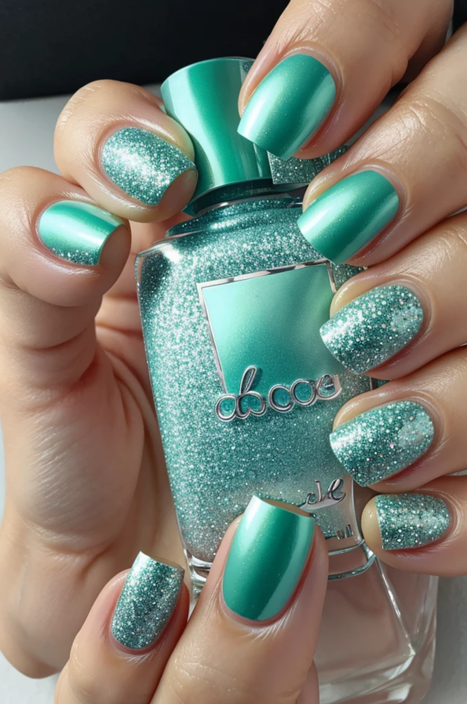 Silver glitter acrylic nails with aqua green 