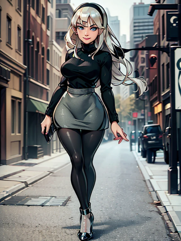 masterpiece, best quality, detailed, 1girl, solo, gwenclassic2023, platinum blonde hair, bright blue eyes, ((Wearing: black hairband, olive green sweater, grey skirt, shiny black tights, black heels:1.2)), holding a handbag, smile, looking at viewer, walking in new york, (intricate background:1.1),
