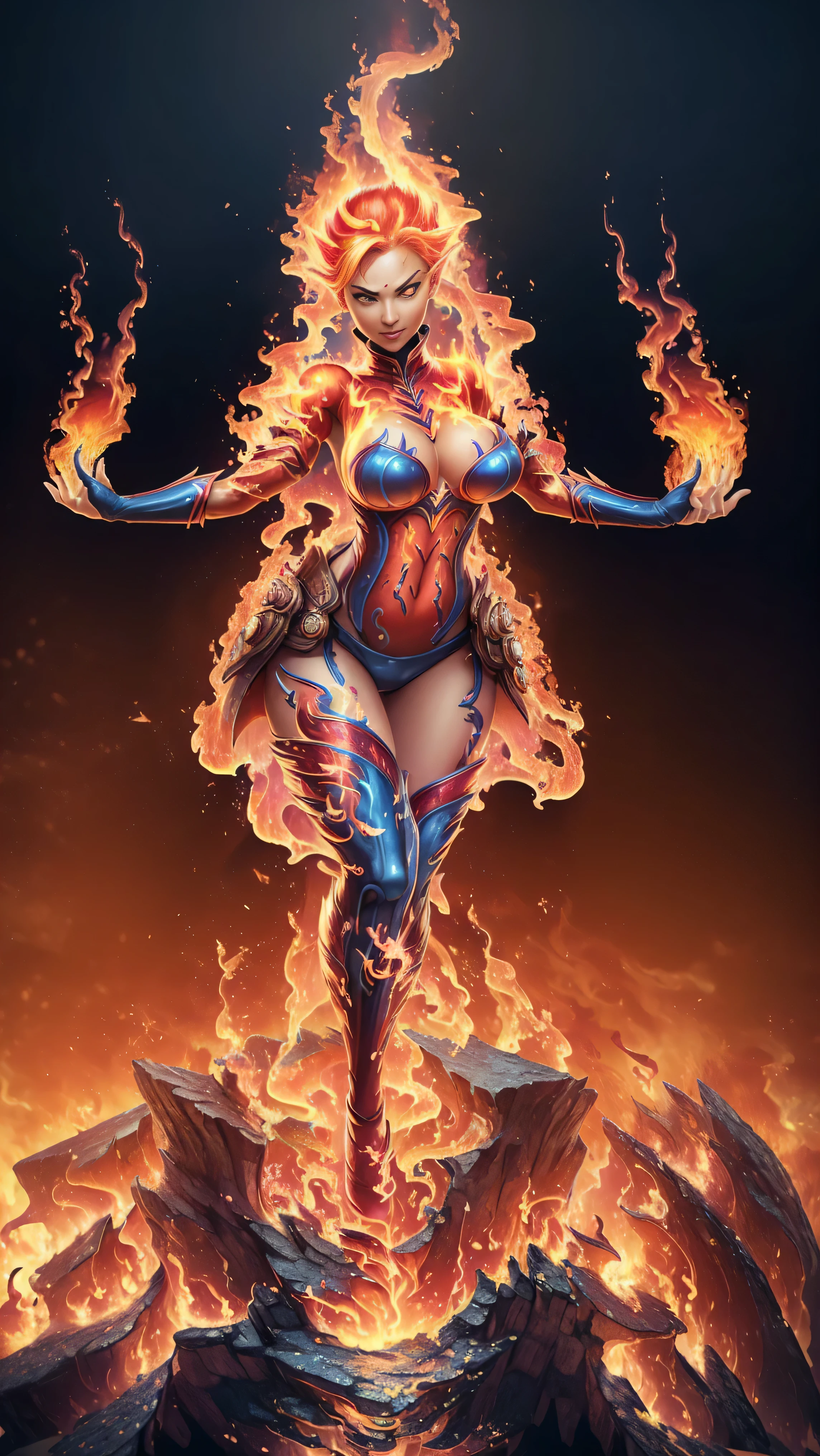 Fantasyart、(top-quality、​masterpiece:1.2)、ultra-detailliert、(photoRealstic:1.1)、(sharp focus)、(A female spirit of melted flame that burns bright red:1.5)、(full body Esbian:1.4)、Detailed Molten Fire Elemental, fire demon wings、(Red and Yellow Blue Flame:1.5)、Being in a fantasy world。Fractal art of flame、kindly smile、beautiful face、A detailed face、perfectly proportions、big breasts、busty, curvy hips、navel、buttock、Crotch gap、thighs thighs thighs thighs、(Dynamic Poses:1.5)、Steampunk style、Detail Master 2、steampunc、Movie girl、Girl melts、