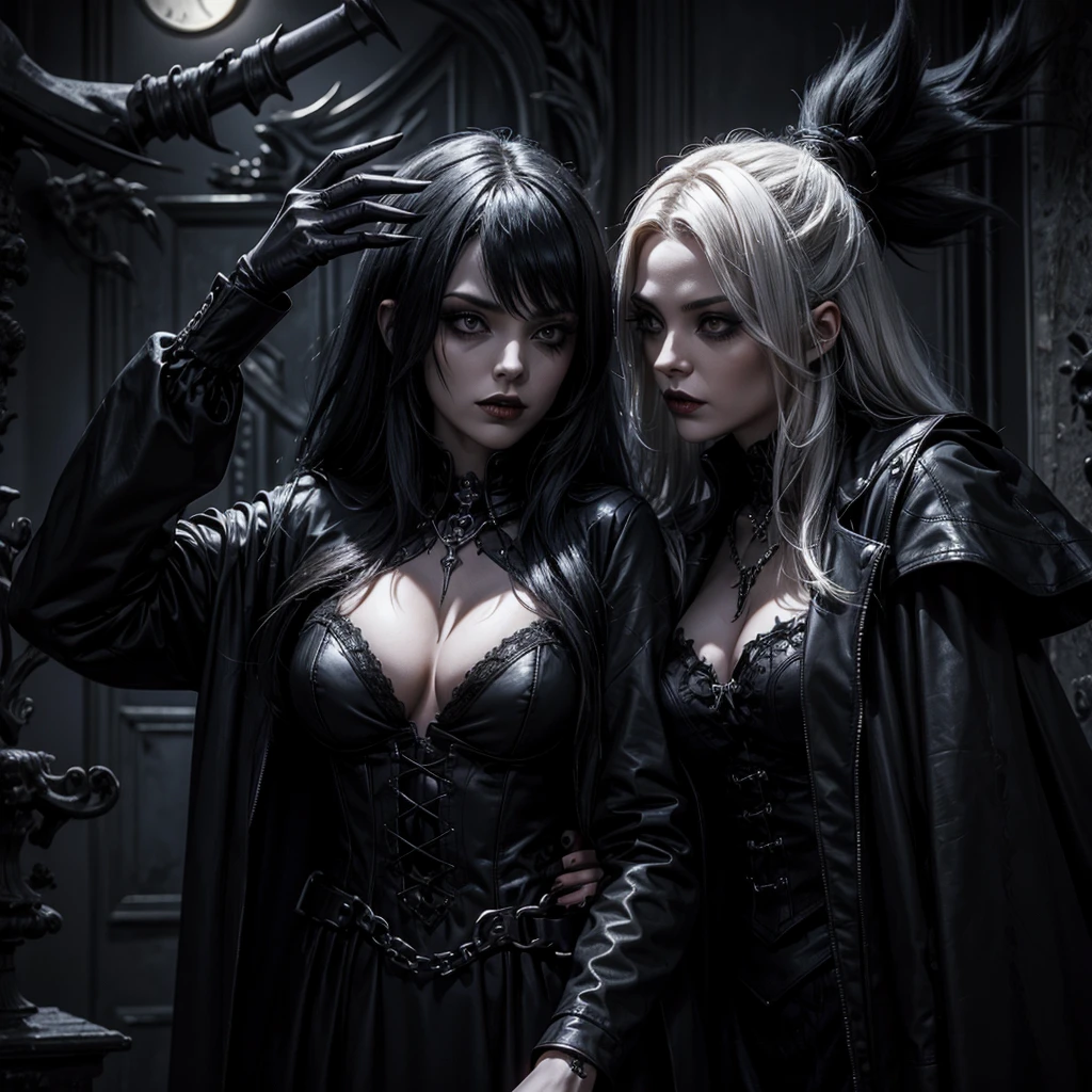 A dark vampire woman who together with the grim reaper salute towards the camera, in the background a gothic style room with the end written with bones on the wall