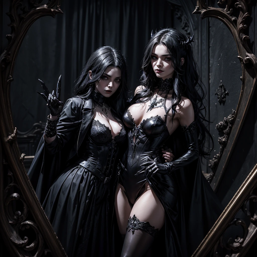 a sexy vampire woman sitting on an imperial throne, wearing black hold-up stockings and a black bodice, long flowing black hair, pointed canines visible, next to her is a dwarf demon, hyper detailed, realistic, photorealistic, 8k, high quality, intricate details, warm lighting, cinematic composition, dramatic lighting, dark moody atmosphere, chiaroscuro lighting, dramatic shadows, rich textures, ornate throne, lush fabrics, jewel tones, gothic fantasy, dark fantasy, cinematic, dark and moody, dramatic