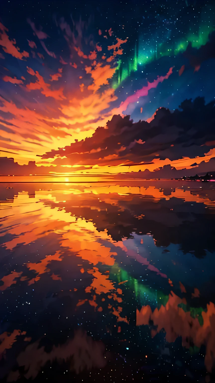 anime style digital painting landscape of a horizon with sunset and northern lights Enchanting, Epic, Atmospheric,Soft and warm light of the sunset Low angle, highlighting the horizon Palette of soft tones such as pink, orange and blue