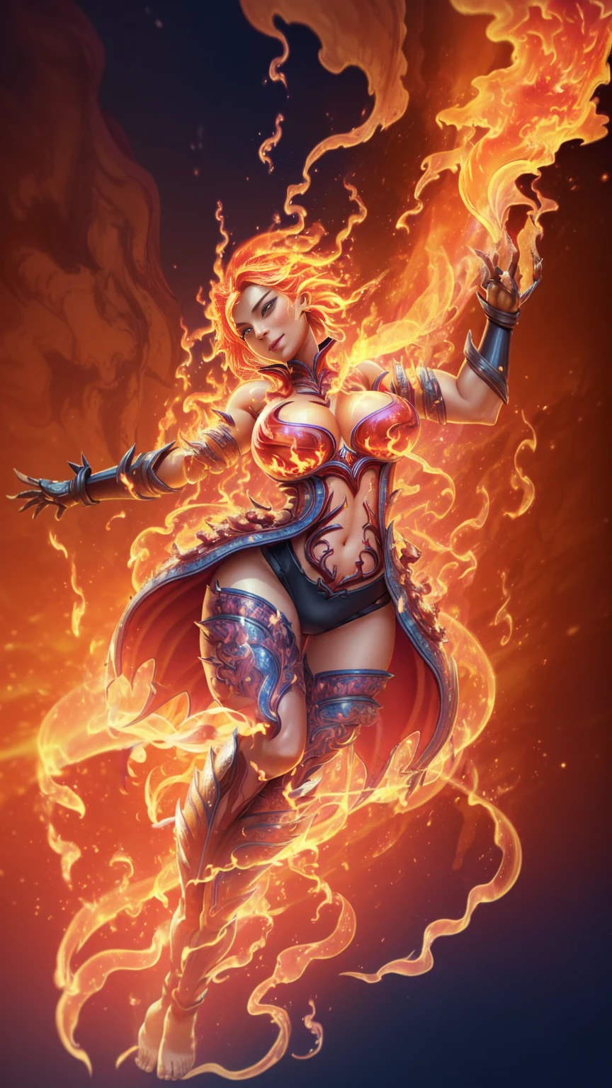 Fantasyart、(top-quality、​masterpiece:1.2)、ultra-detailliert、(photoRealstic:1.1)、(sharp focus)、(A female spirit of melted flame that burns bright red:1.5)、(full body Esbian:1.4)、Detailed Molten Fire Elemental, fire demon wings、(Red and Yellow Blue Flame:1.5)、Being in a fantasy world。Fractal art of flame、kindly smile、beautiful face、A detailed face、perfectly proportions、big breasts、busty, curvy hips、navel、buttock、Crotch gap、thighs thighs thighs thighs、(Dynamic Poses:1.5)、Steampunk style、Detail Master 2、steampunc、Movie girl、Girl melts、