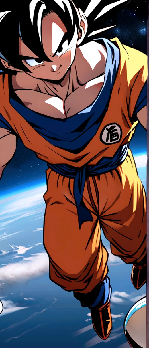 Goku,in space, looking at the Earth,facing the earth.