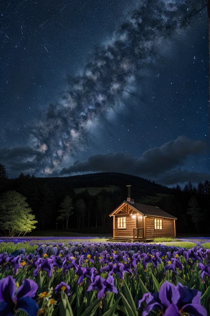 Small house at the centre of dwarf iris field and a starry night
