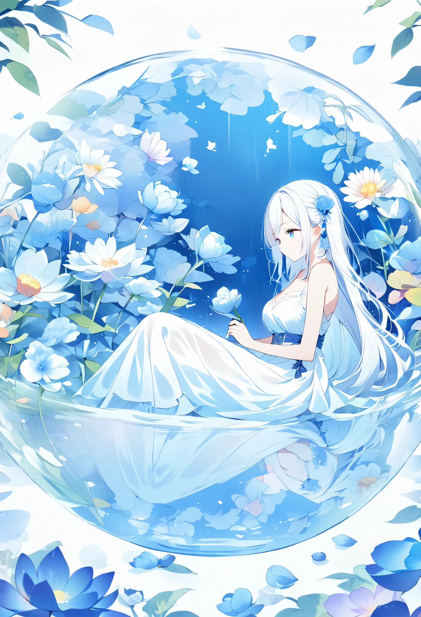 (masterpiece), (best quality), illustration, Extremely detailed, Human Development Report, Depth of Field, (rich and colorful), Change,(Flowers background:1.45),(Transparent Background:1.3)(an extremely delicate and beautiful girl inside of Glass Kan:1.2), (Glass Kan:1.35),(Solitary:1.2), (whole body), (Beautiful and delicate eyes, Beautiful and delicate face:1.3), (sit ), (Very long silky hair, White hair:1.15), (Moderate_breast, tally and skinny:1.2), (Colorful dresses:1.3), (extremely detailed lace:0.3), (Extremely detailed decoration:0.3),(Headband , Orange Hair_Decorations:1.25),Orange can,water surface,whole body,(Bottle filled with orange water,bottle filled with Fanta:1.25), (many Fruit in a jar, Multiple pieces_Fruit in a jar:1.25), (Lots of bubbles:1.25),