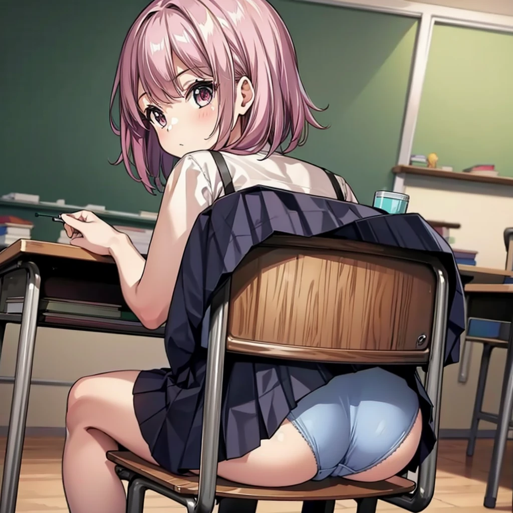 from behind, 1girl, chair exposure, ass, skirt lift, pleated skirt, looking back, classroom,JK pantie