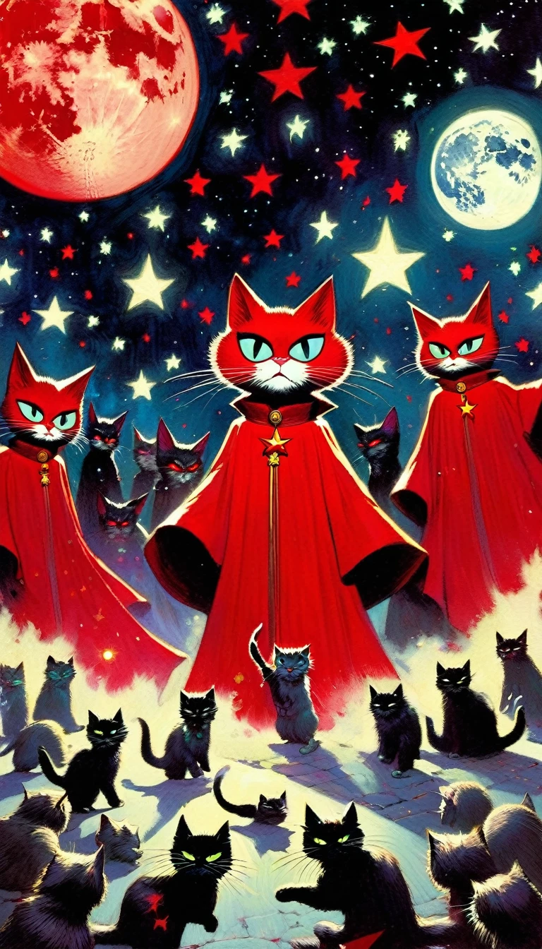 the conclave of the communist cats, sinister, evil, demonic,red star, magic, fantastic, night sky, moon, stars, background, (art inspired in Skottie Young and Bill Sienkiewicz). oil painting)
