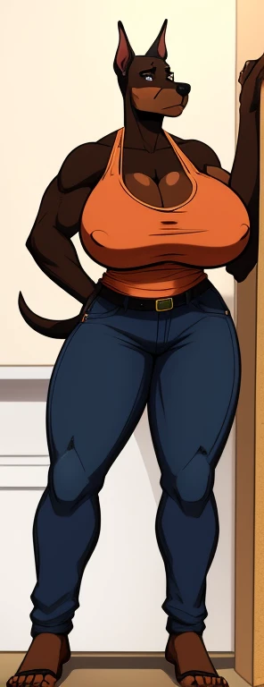 muscular_maduro_doberman female dark_Brown_two tones_furry_body Brown_Eye trimming_top jeans only masterpiece best_absurd quality highly_well detailed_drawn_anthro eyes_just big_breasts for_greasymojo by_runaway step_underscore_b for_claw drip