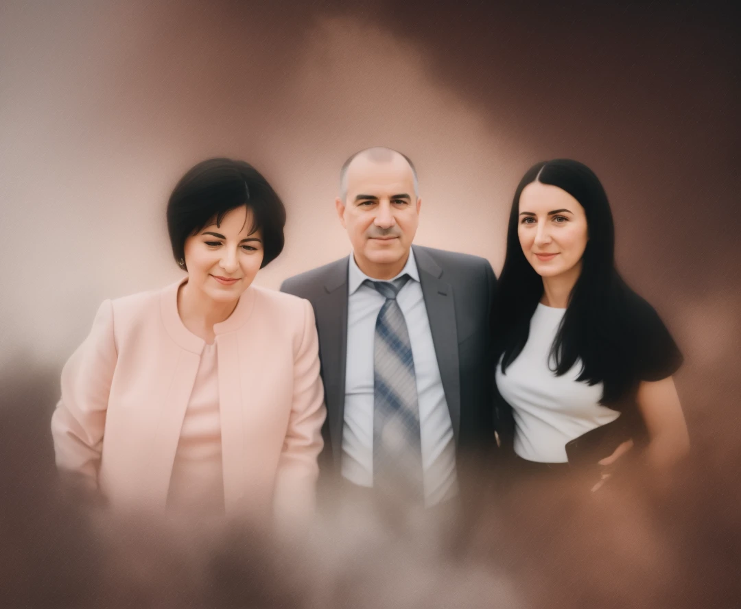 There is a group of people, who pose for photography, Happy family, family photo, a family portrait, High Quality Portrait, NFT Portrait, artem, maia sandu hyperrealistic, color portrait, Complex background, photo portrait, profile pic, inspired by Isidor Křnjávi, digital illustration art, 8K)), digital illustration art