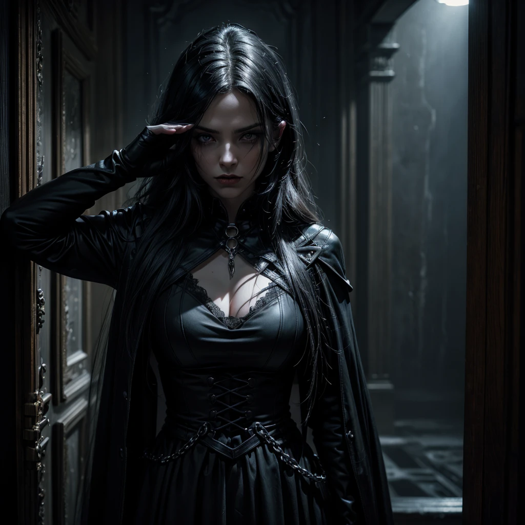 A dark vampire woman, grim reaper, gothic style room, bones on wall, saluting towards camera, dramatic lighting, cinematic composition, chiaroscuro, moody atmosphere, dark fantasy, supernatural, occult, ominous, (best quality,4k,8k,highres,masterpiece:1.2),ultra-detailed,(realistic,photorealistic,photo-realistic:1.37),HDR,studio lighting,extreme detail description,professional,vivid colors