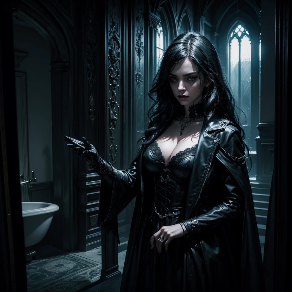 A dark vampire woman, grim reaper, gothic style room, bones on wall, saluting towards camera, dramatic lighting, cinematic composition, chiaroscuro, moody atmosphere, dark fantasy, supernatural, occult, ominous, (best quality,4k,8k,highres,masterpiece:1.2),ultra-detailed,(realistic,photorealistic,photo-realistic:1.37),HDR,studio lighting,extreme detail description,professional,vivid colors