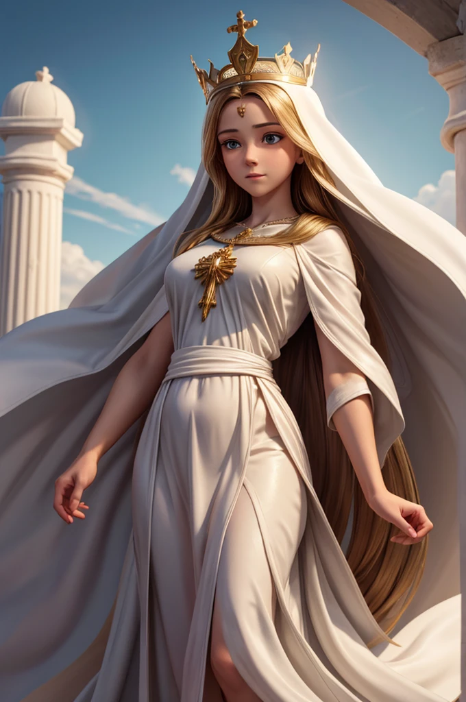 work of art, woman and , holy virgin mary of carmo, crown above head, series, in front of a white background, halfbody, ((godly light)), ethereal, clouds, rear lighting, true-to-life portrayal, Symmetrical, stark, intricate drawing, highy detailed, digitalpainting, art station, conceptual artwork, flowy, sharp focus, illustration, Against Heaven's Gate, cinematic lighting, works by Artgerm and Greg Rutkowski and Alphonse Mucha