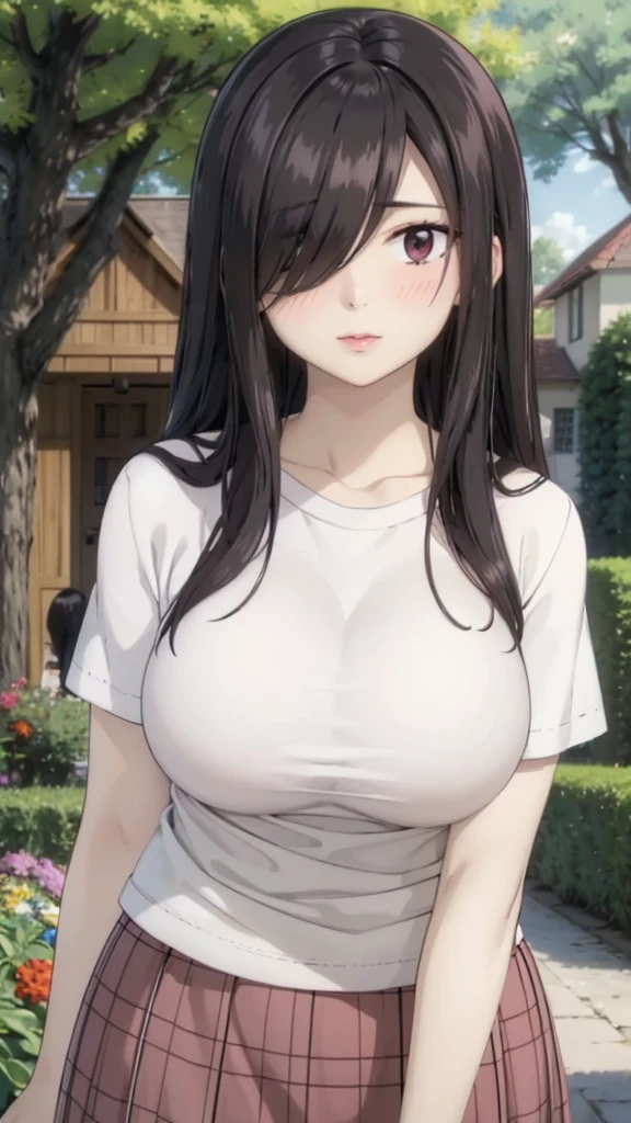 Cute mommy, women, realistic skin,perfect ,black hair, long hair, (hair over one eye:1.4), messy hair, hair between eyes, oversize shirt,pink mini skirt, chubby,plump,fat,pucker lips,cute shy blush on,garden, under tree,night