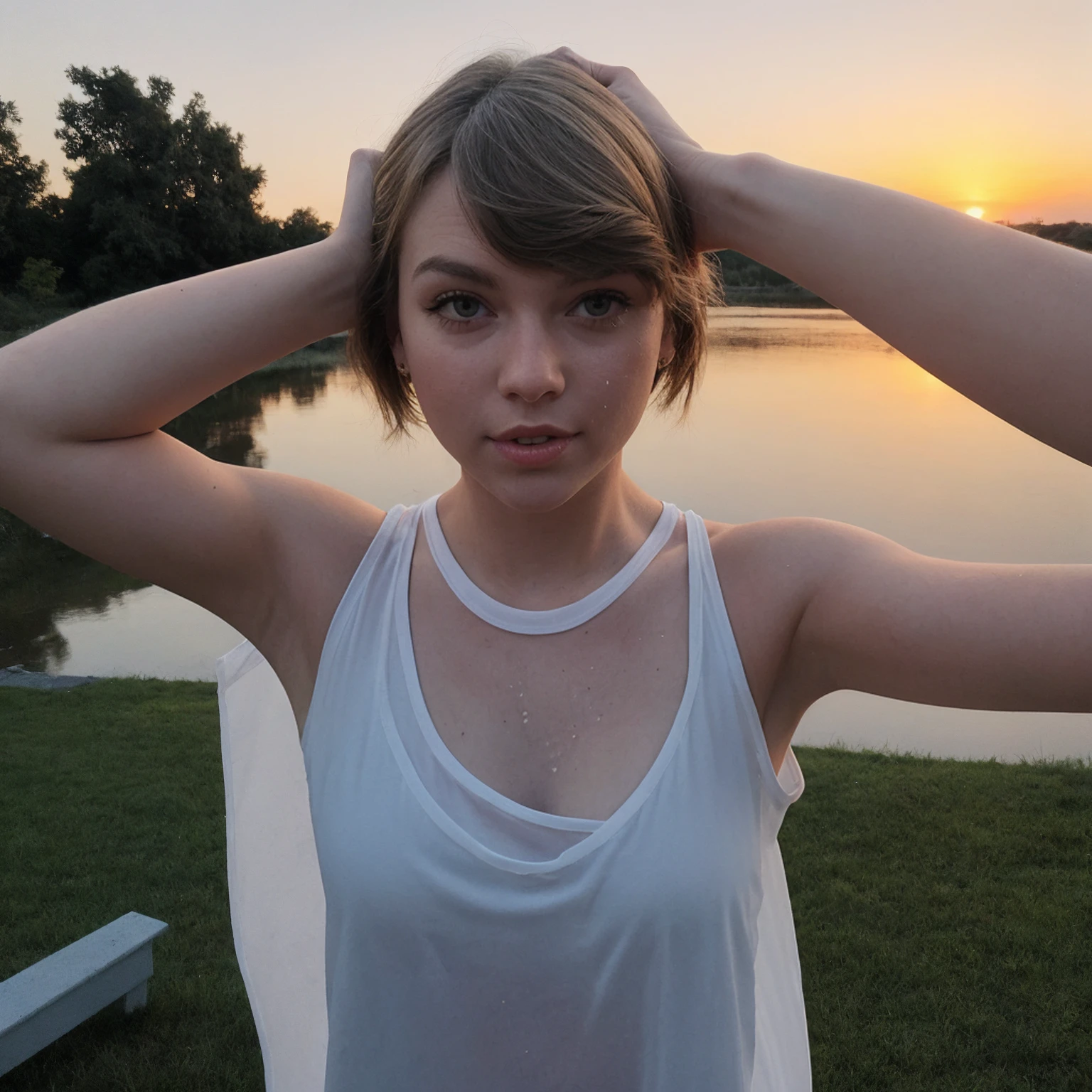 selfie ,Taylor swift at party, sunset in background, (skin textures:0.9) . f8.0,shot by iphone 4, light, golden hour, Blue eyes , natural features, armpits textures, looking at the camera ,arms up showing Sweaty armpits,low light,2000's old photo,poor lighting, see-through wet Tshirt 