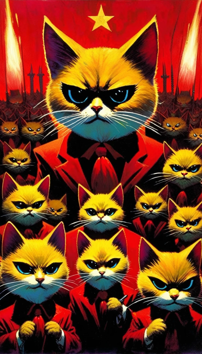 the conclave of the communist cats, sinister, evil, demonic,(art inspired in Skottie Young and Bill Sienkiewicz). oil painting)
