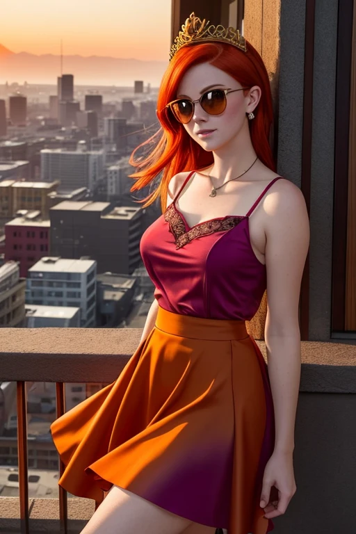The image depicts a fiery redhead with freckles in shades of pink, purple, and orange. Its eyes lock with a sense of mystery, and the ears are in deep, deep black. The redhead wears delicate, expressive clothing, featuring a vibrant, lively skirt with a slender crown that reflects the dim light of the moon. The scene is captured in mid-full, as if the sun is setting, casting a warm, golden light over the cityscape below.