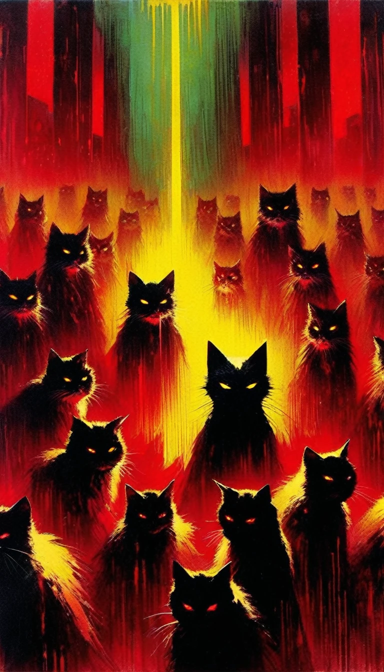 the conclave of the communist cats, sinister, evil, demonic,(art inspired in Bill Sienkiewicz). oil painting)