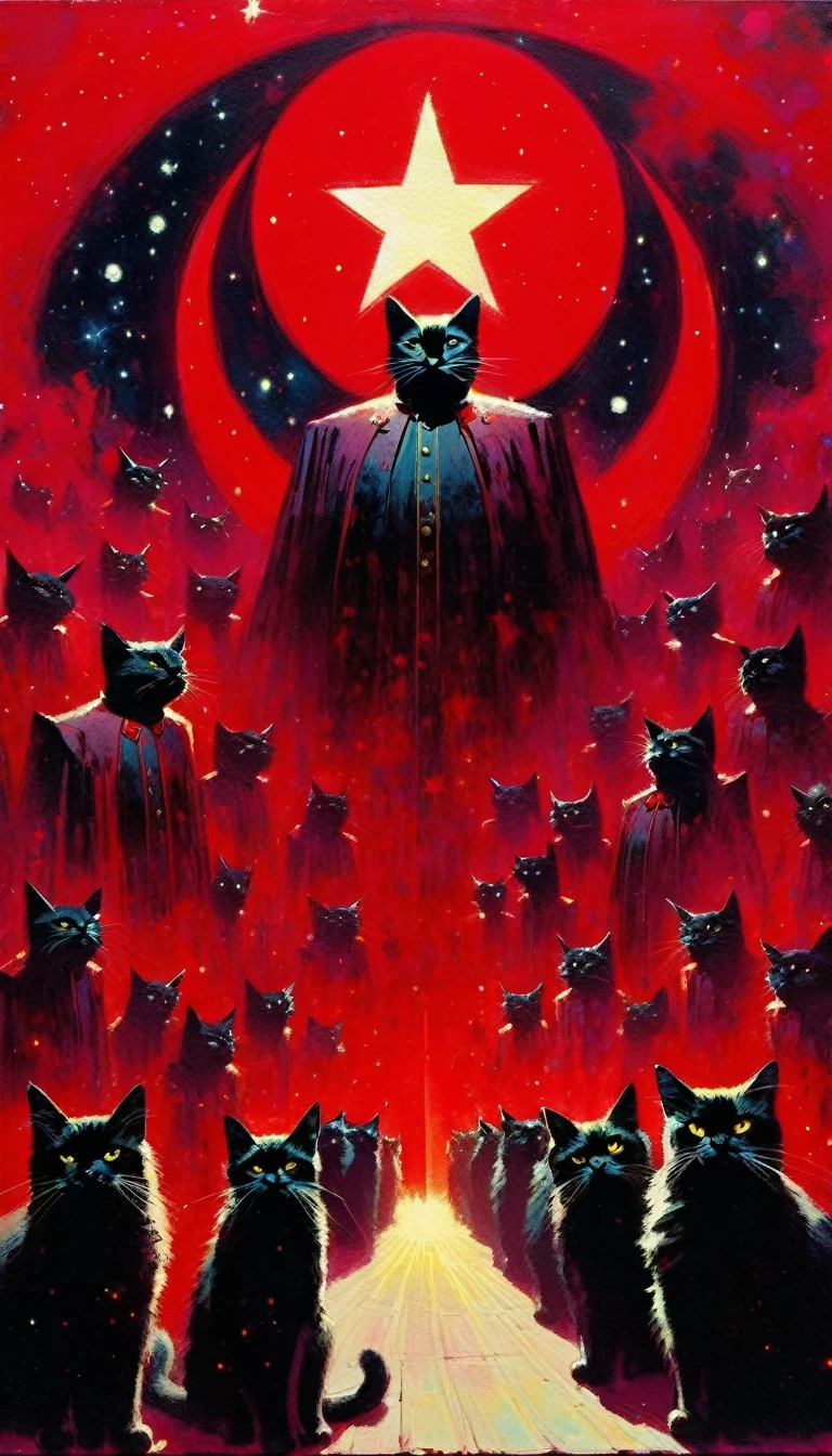 the conclave of the communist cats, sinister, evil, demonic,red star, magic, fantastic, night sky, moon, stars, background, (art inspired in Bill Sienkiewicz). oil painting)
