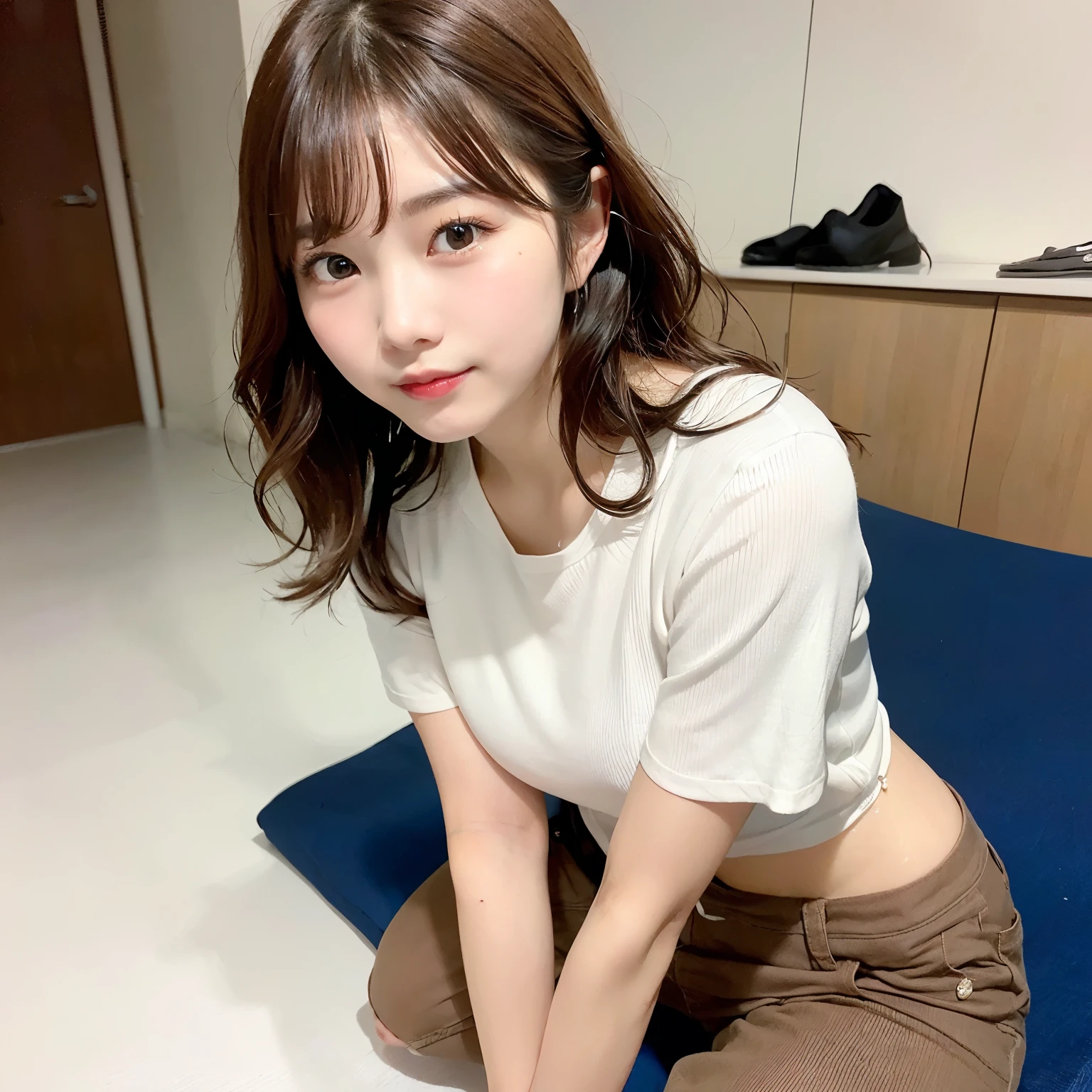 ((beautiful Korean girl:1.3)),big breasts:1.4,(sweaty:1.5),(Pretty Woman:1.4),((Short light brown hair,tousled wavy hair with lots of detail),(detailed hands)),(a flat stomach:1.2),((Random hairstyles:1.2)),(1 girl), perfect shape,eye of detail、double eyelid,beautiful light brown eyes, (pure white shirt with neckline), short jeans, photo taken almost full body
