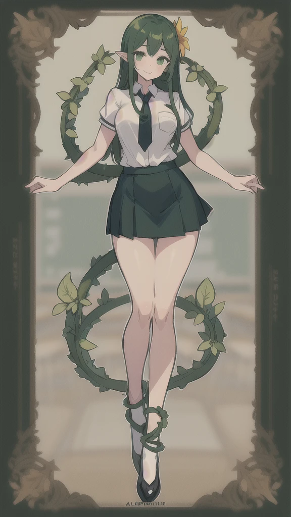 (1girl ,20s,mature female,adult),happy,white shirt,short sleeves,black standard tie,white school skirt,green hair,long hair,(classroom),full body,alraune, flower, vines