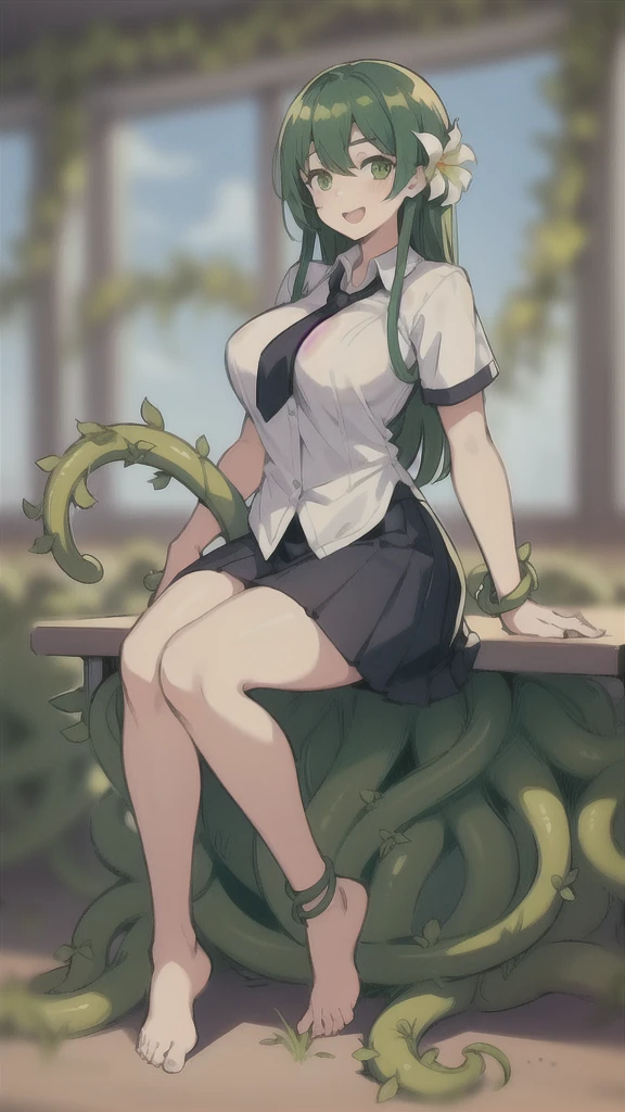 (1girl ,20s,mature female,adult),happy,white shirt,short sleeves,black standard tie,white school skirt,green hair,long hair,(classroom),full body,alraune, flower, vines