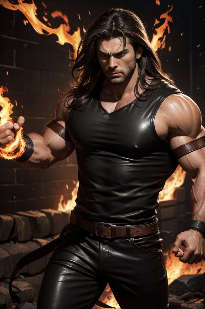 Realistic 8K image of a handsome, strong man, 25 years old, long brown hair, brown eyes, angry expression, dressed in a simple black leather shirt, bandages wrapped around his arms, charging forward invoking flames, large underground dungeon , art in anime style,big biceps,muscular body
