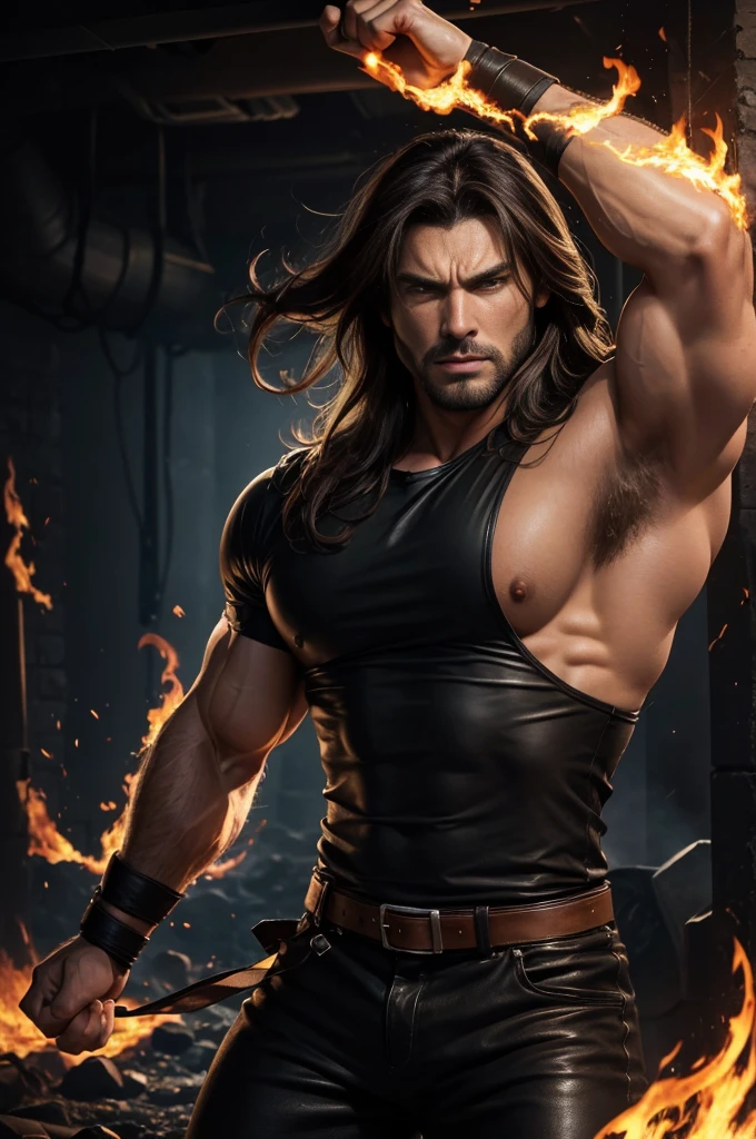 Realistic 8K image of a handsome, strong man, 25 years old, long brown hair, brown eyes, angry expression, dressed in a simple black leather shirt, bandages wrapped around his arms, charging forward invoking flames, large underground dungeon , art in anime style,big biceps,muscular body