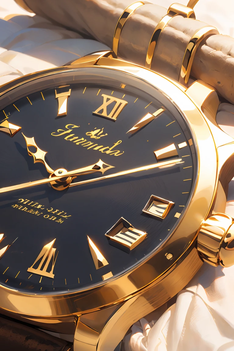 Create high-quality and realistic images of wristwatches. Watches should have an elegant and sophisticated design, with sharp details that highlight the quality of materials and precision of manufacturing. Here are the detailed specifications for the prompt:
Clock Design:
Dial shape: Round, with a thin polished metal edge (stainless steel or gold).
Dial: Analog dial with Roman numerals or minimalist hour markers. The dial can be in classic colors such as black, white, or navy blue.
Hands: Classic style hands, perhaps with luminescent coating for greater realism.
Date: Small date window at the 3 o'clock position.
Brand: Discreet logo of a fictional luxury brand on the dial (e.g. "Le Grandeur").
Bracelet:
Material: High quality leather or metal (such as a stainless steel bracelet).
Color: For leather straps, colors like dark brown or black. For metal bracelets, a polished finish that complements the watch case.
Additional Details:
Texture and Reflections: Polished surfaces that reflect light, emphasizing the quality of the materials. Realistic leather texture with visible seams.
Ambiance: The watch could be on a neutral background or being worn on a person's wrist, perhaps with an elegant outfit to suggest a sophisticated lifestyle.
Lighting and Composition:
Lighting: Soft light that highlights the details of the watch without creating harsh shadows. Lighting that enhances the shine of the materials and the clarity of the dial.
Composition: Close-up images of the dial, clearly showing the details and quality. Some images may show the watch in the context of a stylish lifestyle (e.g. being worn with a suit).