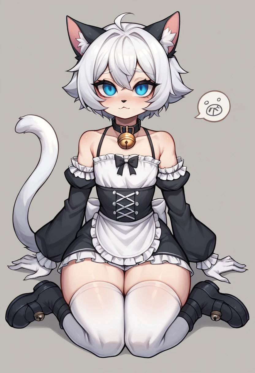 work of art, perfect, highy detailed, (small hibryd anthro cat femboy), pele black fofa, ((blue colored eyes)), ((1))fluffy cat tail, short white hair, tiny chest, (black cat ears), Wearing a BLACK collar, very short maid dress, White silk gloves, silk white thigh socks, wearing a black muzzle, True muzzle, god of eyes, niji, god of eyes, niji,black collar with bell, cute thighs, blue colored eyes brilhantes