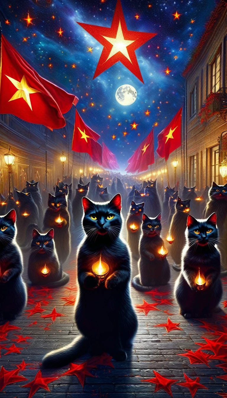 a demonic coven of communist cats, sinister communist cats, evil communist cats, communist cats with red stars, communist cats performing dark magic, communist cats against a night sky with moon and stars, detailed oil painting, masterpiece, (best quality,4k,8k,highres,masterpiece:1.2),ultra-detailed,(realistic,photorealistic,photo-realistic:1.37),HDR,UHD,studio lighting,ultra-fine painting,sharp focus,physically-based rendering,extreme detail description,professional,vivid colors,bokeh,concept art