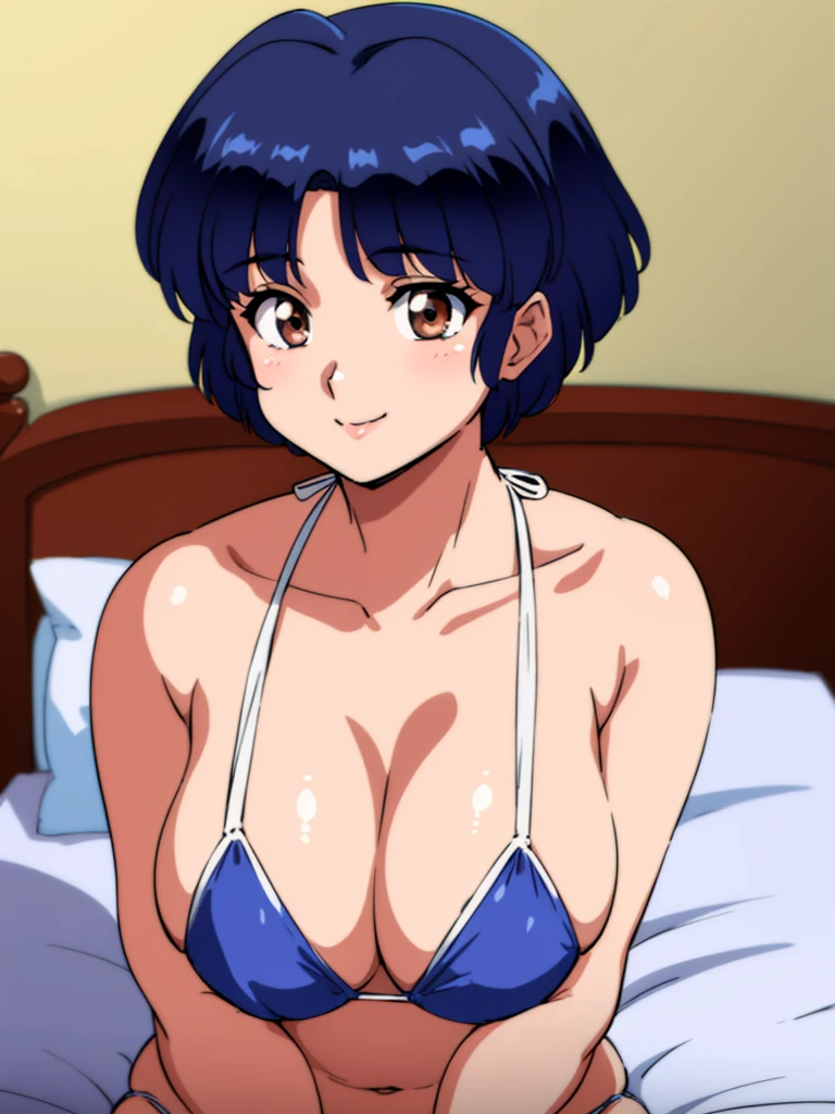 HDR, CG, sharp focus, (8k), (4k), masterpiece, best quality, detailed skin, extremely detailed, hiper detailed, sharp focus, looking at viewer, high quality, AKANE, Akane tendou, short hair, blue hair, brown eyes , tetas grandes, solo, 1girl, BEDROOM background, hands on chest,  sit on bed, bikini, wink, happy smile, 
