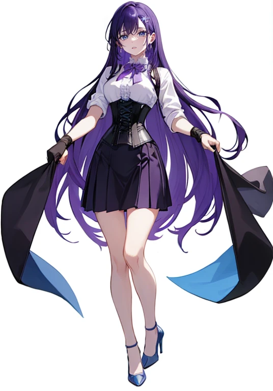 ((Perfect Face)),Purple Hair,long hair,Adult female,White shirt,((Shirt with rolled up sleeves)),(((Roll up your sleeves))),((corset)),skirt,(High heels),((Simple White Background)),((full body)),((Full Body)),