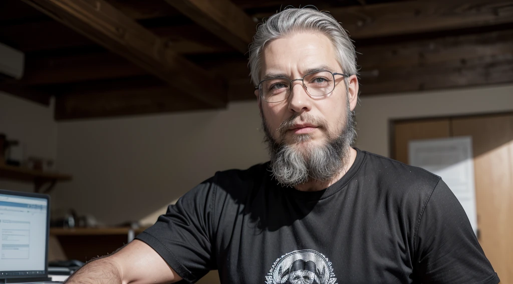 bushy man with beard, black long-sleeved t-shirt, gray hair and beard, 53 years old man with dark gray hair, some gray hair in his beard, short white beard, gray beard, silver hair and beard, he has a beard and a man of middle age 53 years old, several different poses and clothes and the same face, he is alone in the realistic photo, with light clothes, black t-shirt, intellectual face wearing prescription glasses, impactful expression wanting to convey an enthusiastic atmosphere