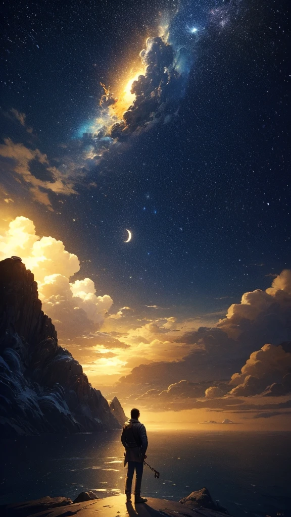 (Highly detailed CG Unity 8k wallpaper), A man looking up at the night sky, The most beautiful space art panorama, SF universe scenery, planet, Ed Blinky, Atey Gailan, Professional and spectacular paintings from Studio Ghibli, Jeremy Mann, Greg Manchess, Antonio Moro, Trending on Art Station, Trending on CGSociety, complicated, High detail, Sharp focus, dramatic, Photorealistic paintings by Midjourney and Greg Rutkowski