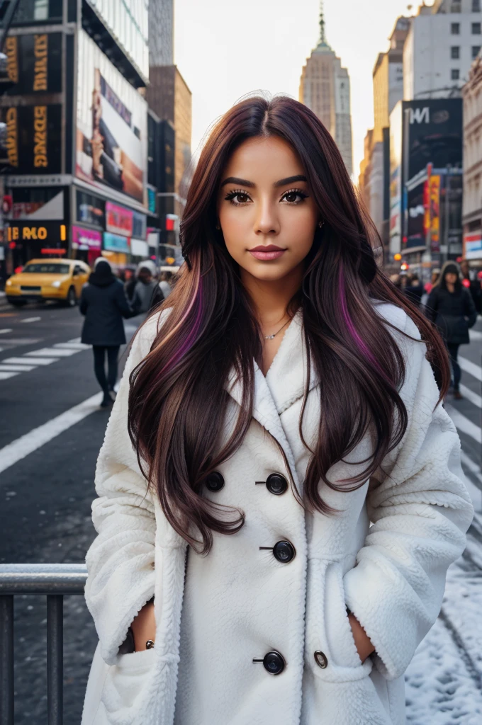 __hair color__, Latina woman, long hair, New York City background, winter, professional, 4K, HD, UHD, 8K, high detail, ultra definition