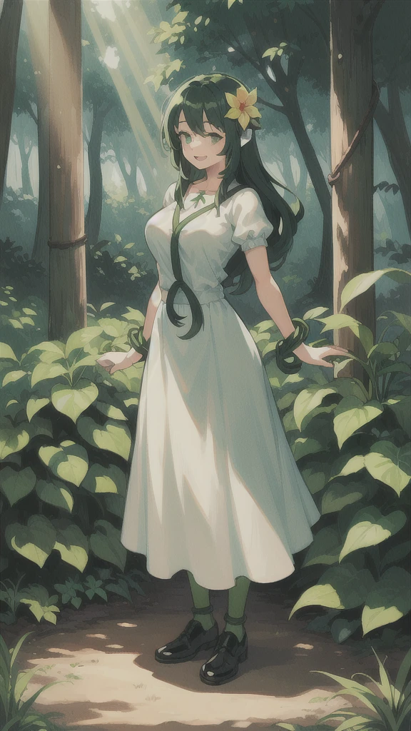 (1girl ,20s,mature female,adult),happy,white shirt,short sleeves,black standard tiegreen hair,long hair,(forest,sunlight),full body,alraune, flower, vines
